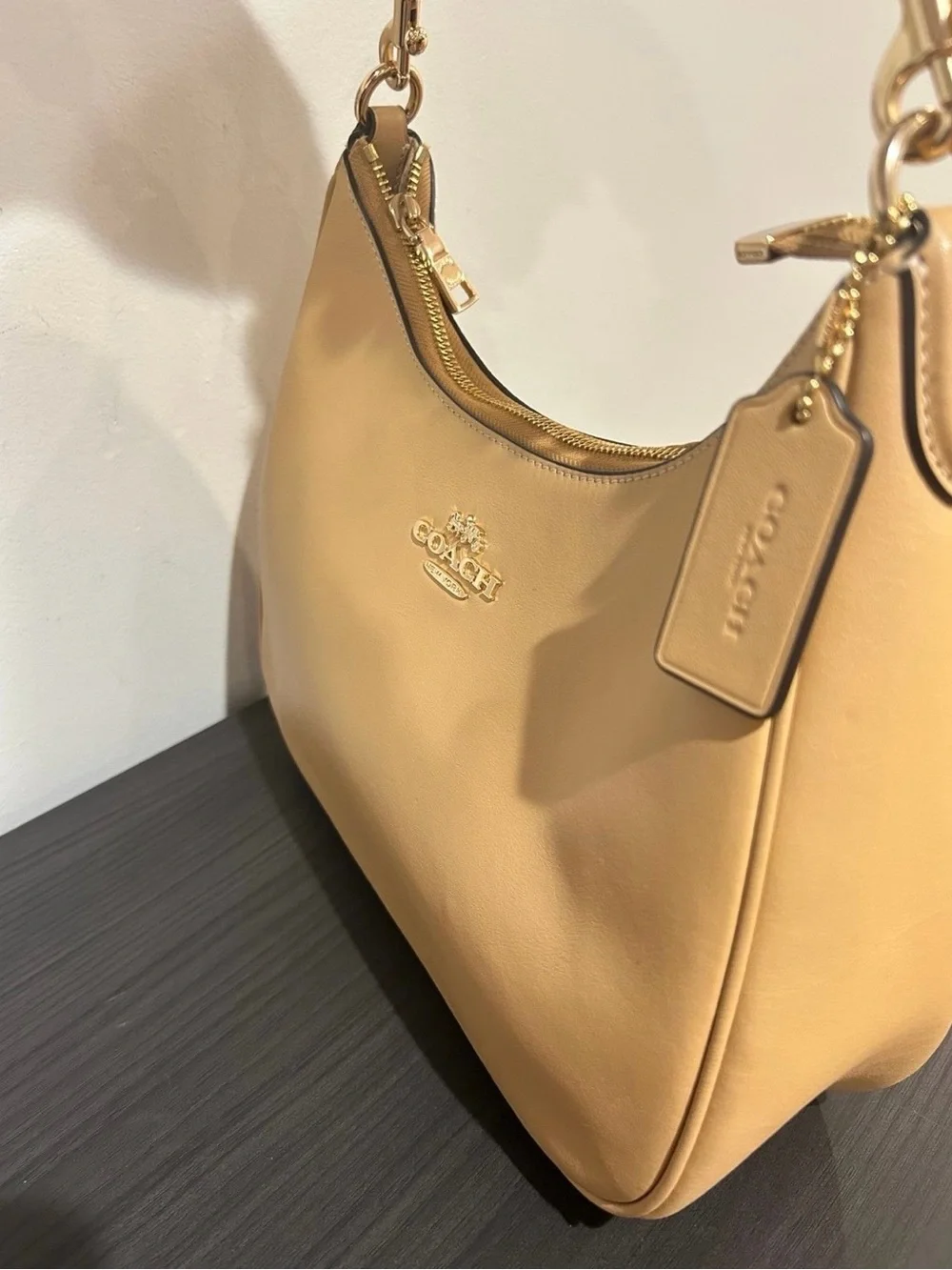Coach Teri Hobo Tan Ruched-Handle Shoulder Bag with Gold Hardware